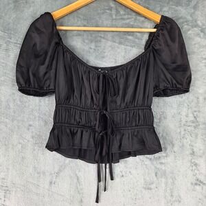 Womens Top Small Black Dark Romantic Puff Sleeve Milkmaid Goth Whimsigoth Crop